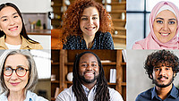 Collage aus 21 Porträtbildern multikultureller Personen, um die Zielgruppe des Integrationsrates aufzuzeigen.