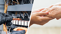Links ist ein Bild von einer Hand zu sehen, welche ein Strommessgerät in einem Sicherungskasten bedient und rechts ist ein Paar junger Hände zu sehen, welche ein älteres Paar Hände halten