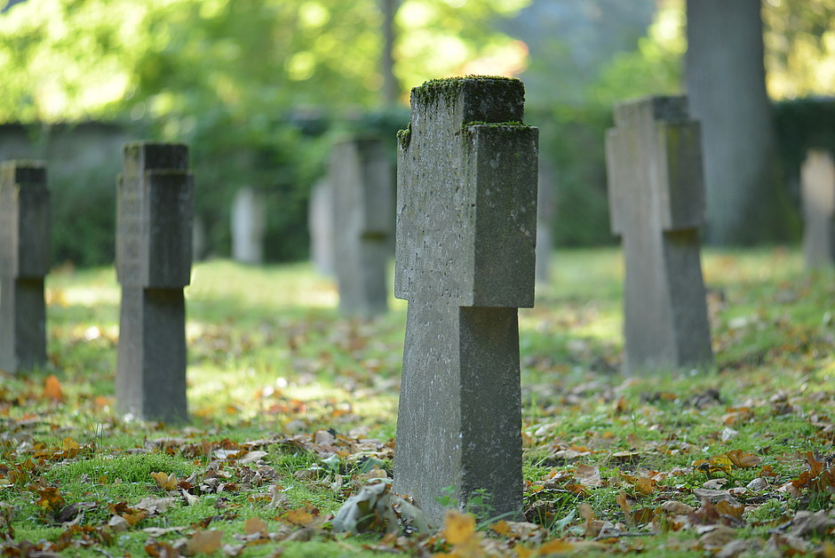 Mehrere kreuzförmige Grabsteine in mehreren Reihen hintereinander