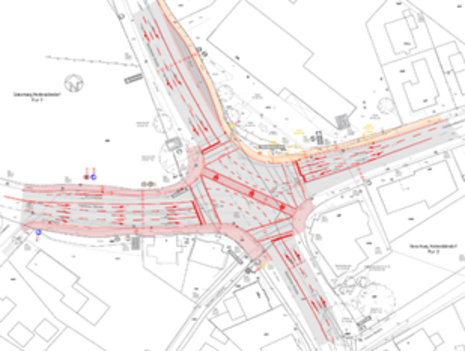 Verkehrszeichnung der Diagonalquerung an der Kreuzung Heidenoldendorfer-Straße–Hiddeser-Straße–Bielefelder-Straße