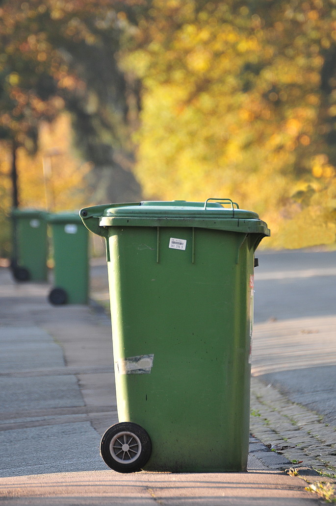 Eine grüne Biomülltonne am Straßenrand