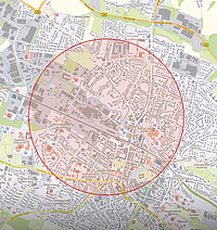 Ausschnitt einer Straßenkarte Detmolds mit einem markierten Sperrbereich, einem Radius von 1000 Metern