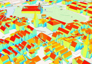 Ansicht eines Teils der Detmolder Kernstadt in einer 3D-Anwendung, die sich mit dem Wärmepotenzial der Dächer befasst
