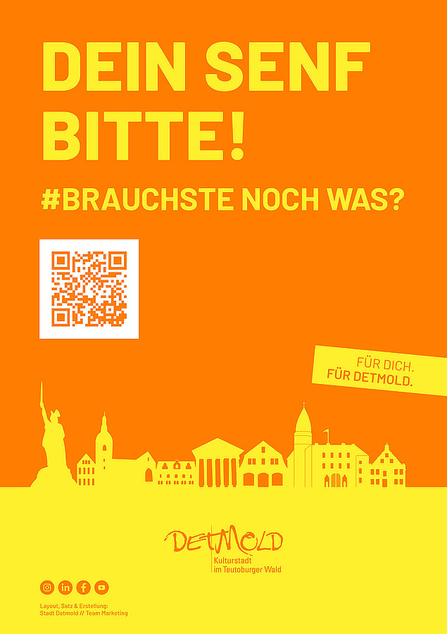 Gelbe Schriftzüge "DEIN SENF BITTE!" und "#BRAUCHSTE NOCH WAS?" inklusive eines weißen QR-Codes auf orangenem Hintergrund