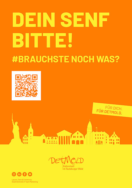 Gelbe Schriftzüge "DEIN SENF BITTE!" und "#BRAUCHSTE NOCH WAS?" inklusive eines weißen QR-Codes auf orangenem Hintergrund