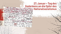 Rote Schrift auf abstrakt gestaltetem, beigem Untergrund mit dem Schriftzug "27. Januar – Tag des Gedenkens an die Opfer des Nationalsozialismus"