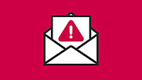 Das Icon eines geöffneten Briefes in einem Briefumschlag mit einem Achtungzeichen auf rotem Hintergrund
