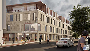 Visualisierungsansicht aus Richtung Allee auf den neuen Gebäudekomplex am Hornschen Tor in Detmold