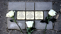 Stolpersteine von Eduard, Wilhelm und Emma Höveler in Detmold. Rund um die Stolpersteine liegen drei weiße Rosen auf der Straße.