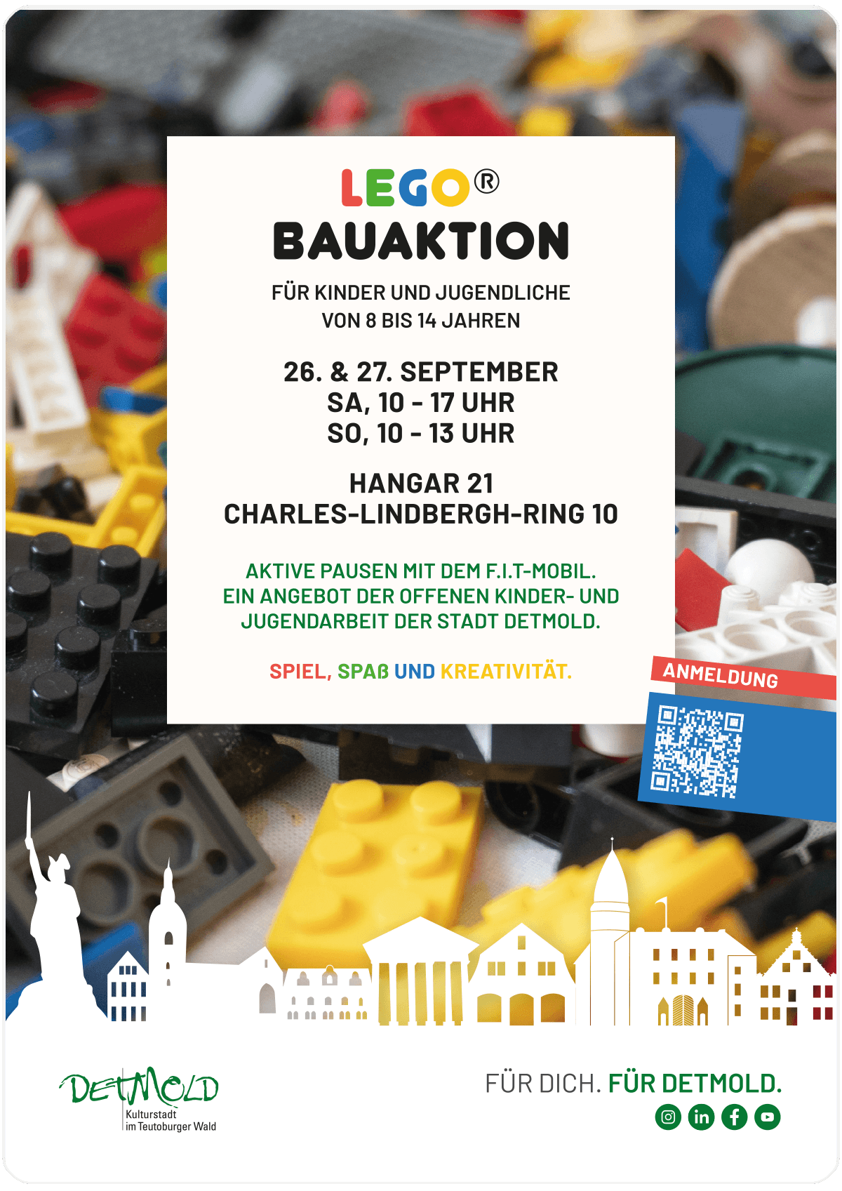 Plakat zur LEGO-Bauaktion der Offenen Kinder- und Jugendarbeit der Stadt Detmold
