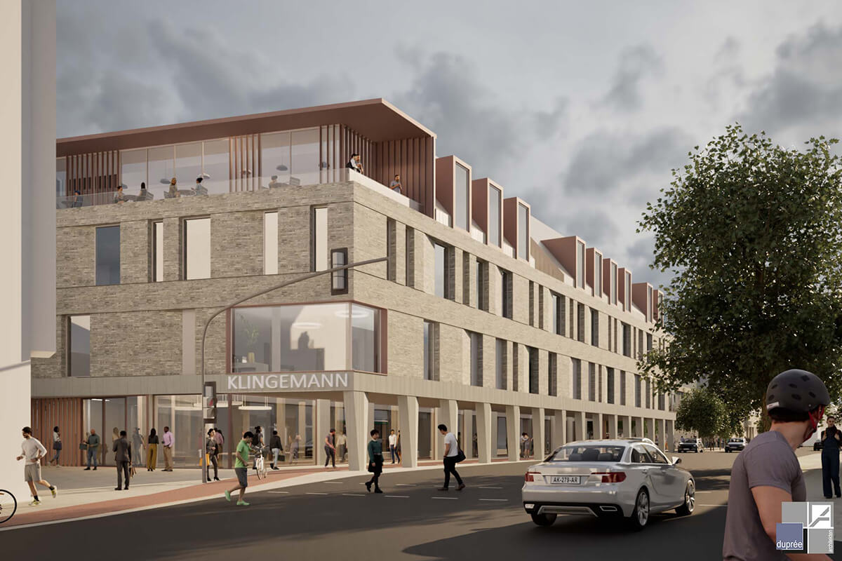 Visualisierungsansicht aus Richtung Allee auf den neuen Gebäudekomplex am Hornschen Tor in Detmold