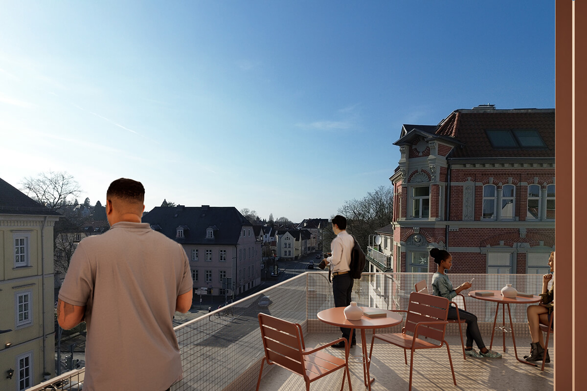 Visualisierung des Ausblicks von der Terrasse der Rooftop-Bar des neuen Innenstadtquartiers am Hornschen Tor in Detmold