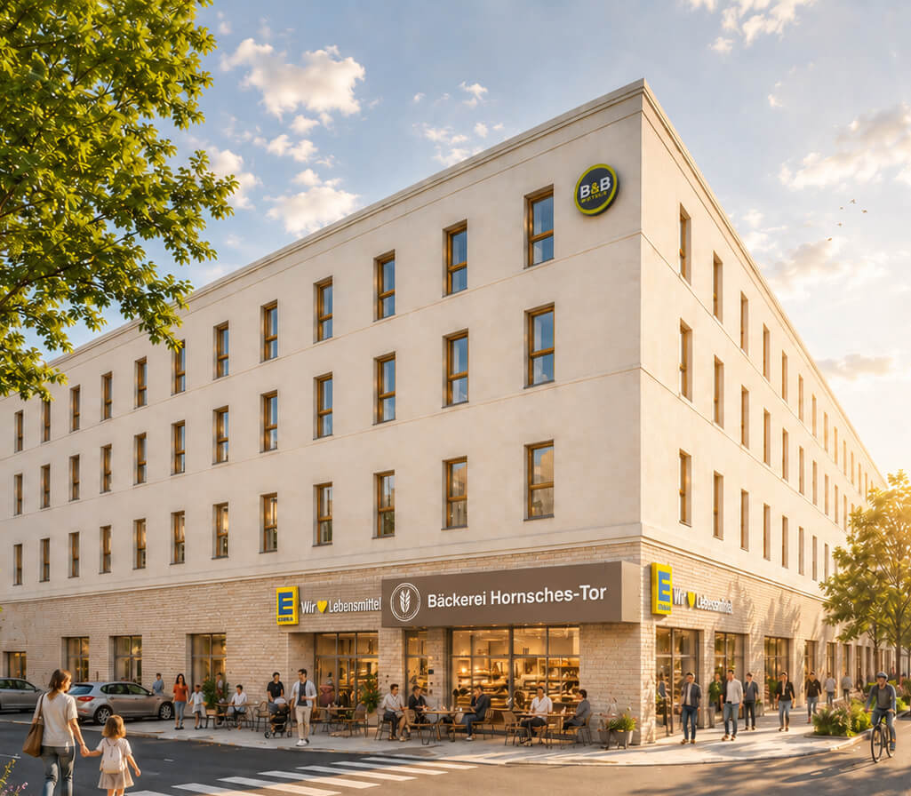 Visualisierung des neuen Gebäudekomplexes am Hornschen Tor in Detmold mit Edeka, B&B-Hotel und mit der davor links liegenden Einfahrt zum Parkhaus