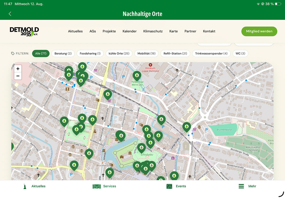Screenshot aus der Appmold für Detmold mit einer interaktiven Karte für nachhaltige Orte