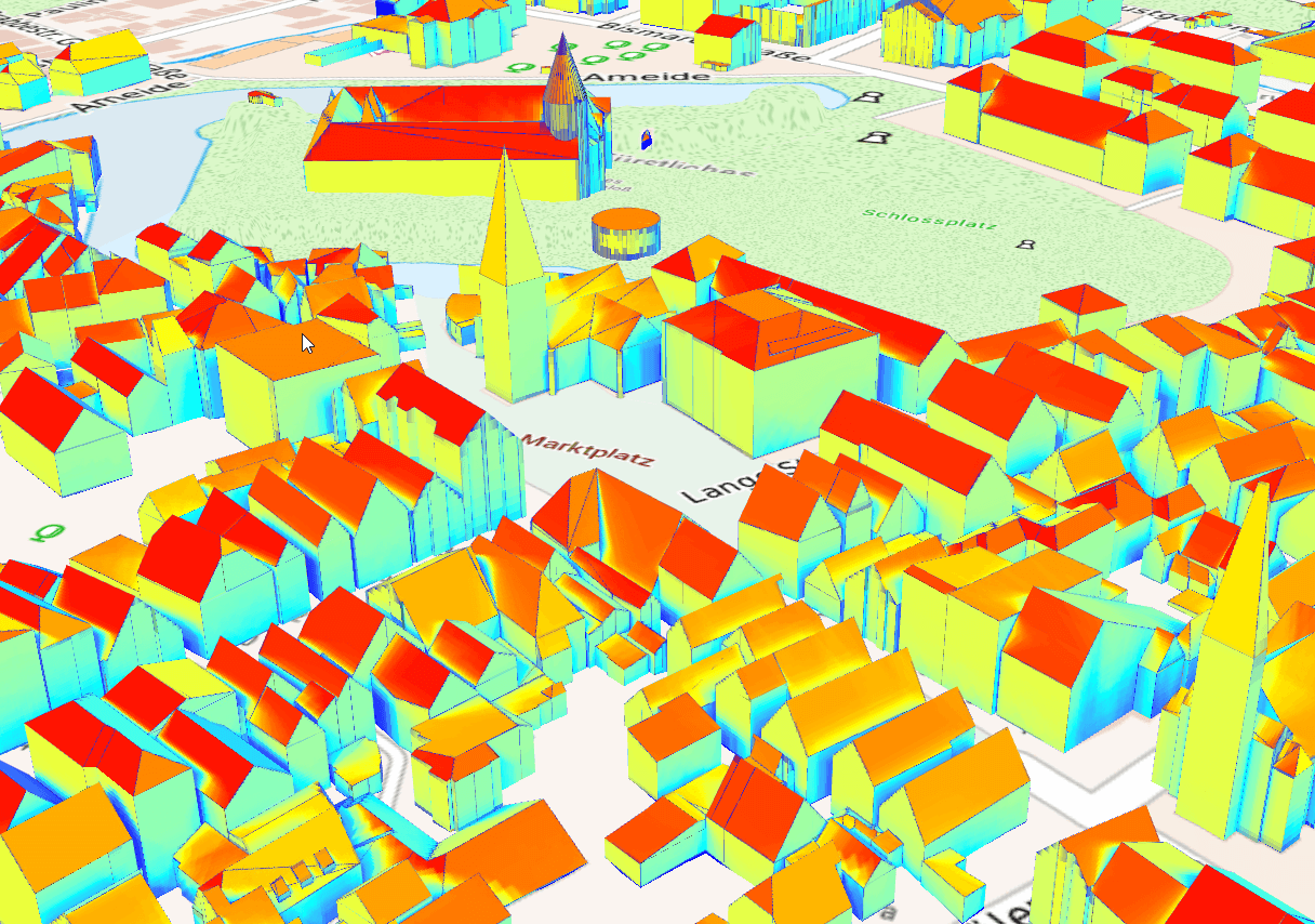 Ansicht eines Teils der Detmolder Kernstadt in einer 3D-Anwendung, die sich mit dem Wärmepotenzial der Dächer befasst